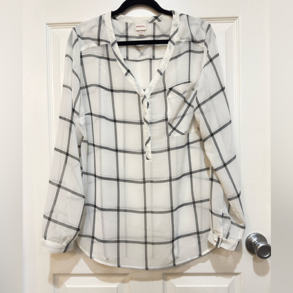 Merona White and Black Grid Blouse